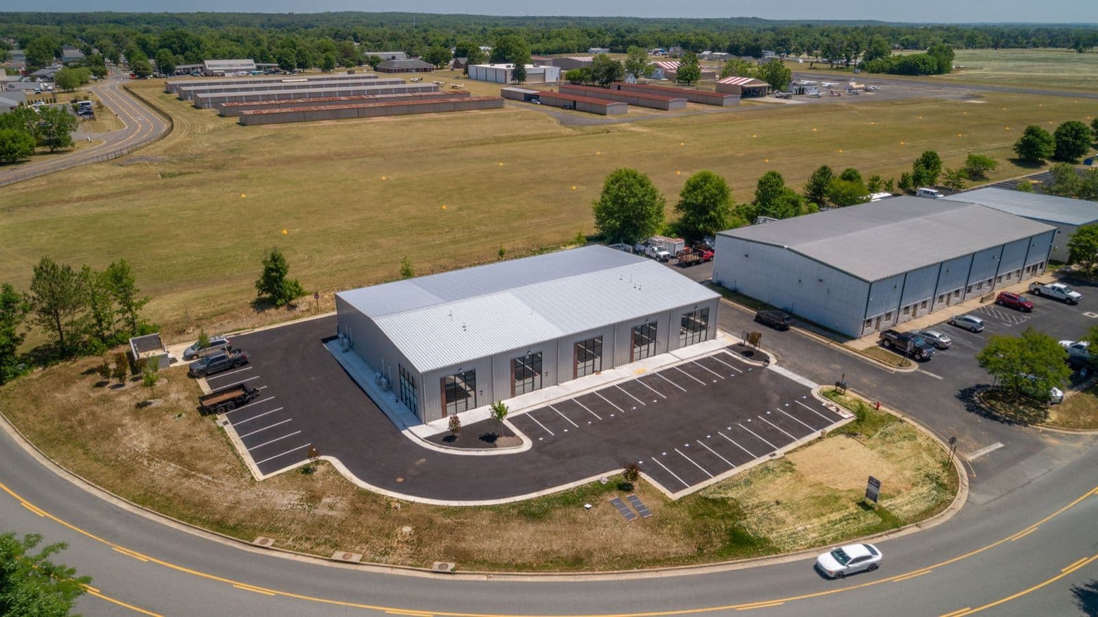 Aerial of the finished Shannon Park small-bay building and parking, Fredericksburg, Virginia