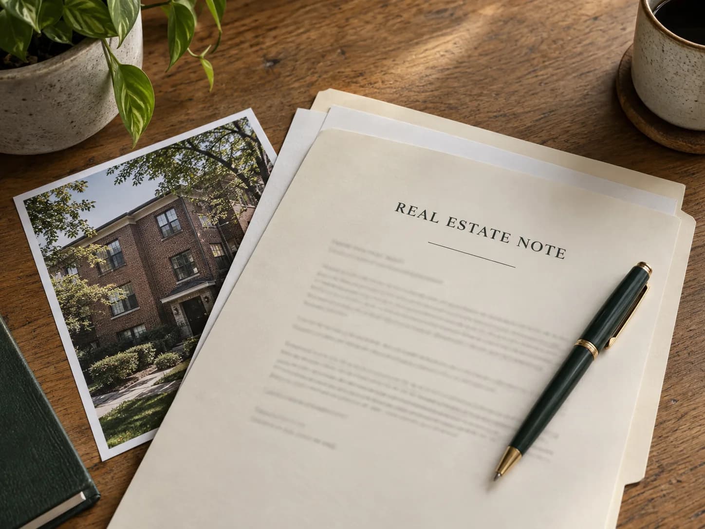 Illustrative still life of a real estate note beside a property photograph